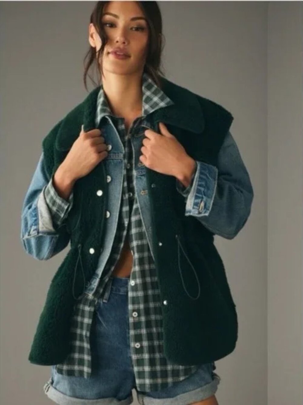 by Anthropologie Cozy Cinched Shearling Vest Size Large in Hunter Green